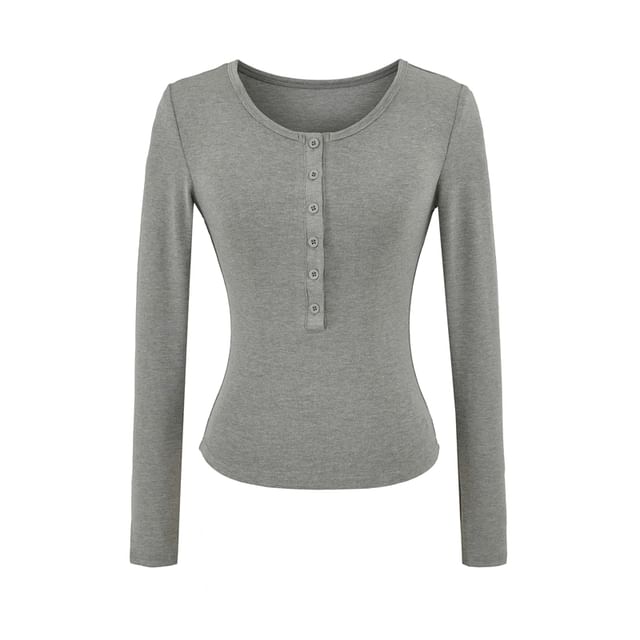 Slim-Fit Cropped Tee with Half-Button Placket, Round Neckline & Extended Sleeves