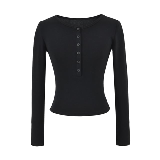 Slim-Fit Cropped Tee with Half-Button Placket, Round Neckline & Extended Sleeves
