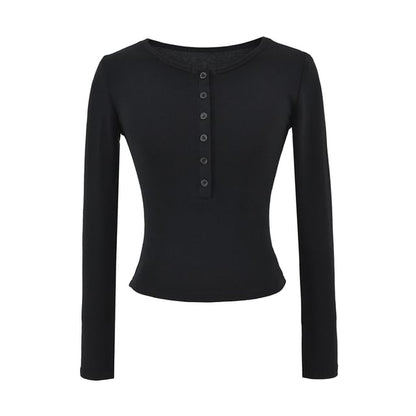 Slim-Fit Cropped Tee with Half-Button Placket, Round Neckline & Extended Sleeves