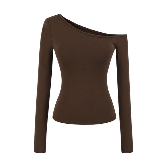 Off-Shoulder Padded Solid Long-Sleeve T-Shirt
