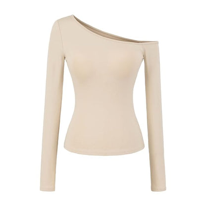 Off-Shoulder Padded Solid Long-Sleeve T-Shirt