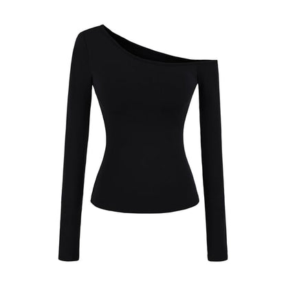 Off-Shoulder Padded Solid Long-Sleeve T-Shirt