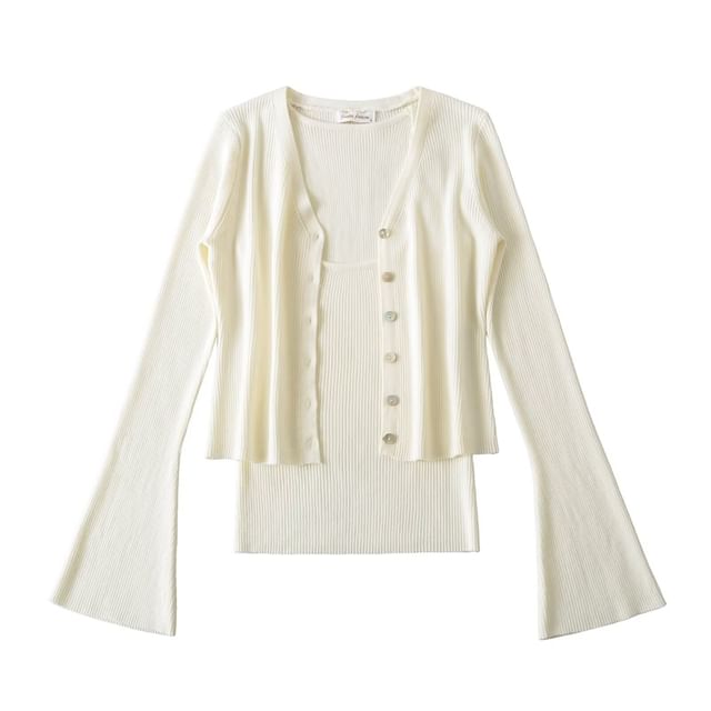 Two-Piece Set: Buttoned V-Neck Cropped Cardigan & Cami Top