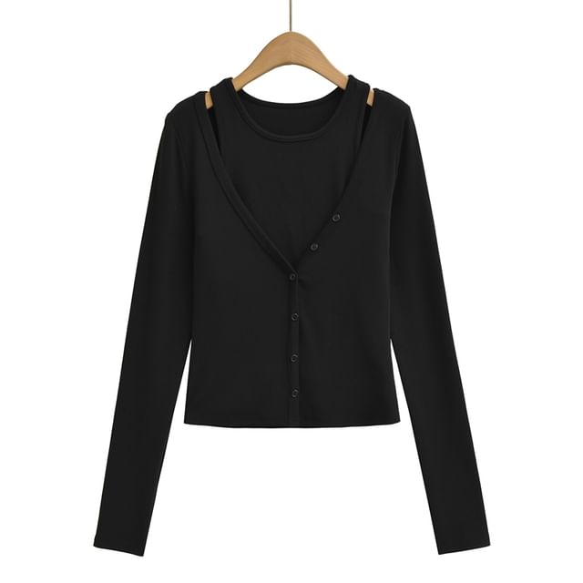 Two-Piece Set: Plain Cropped Tank with Crew Neck & Buttoned V-Neck Cardigan