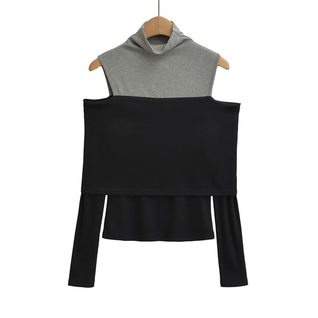 Two-Tone Slim-Fit Top with Mock Two-Piece Design, Turtleneck & Cold Shoulder Sleeves