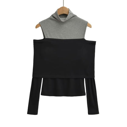 Two-Tone Slim-Fit Top with Mock Two-Piece Design, Turtleneck & Cold Shoulder Sleeves