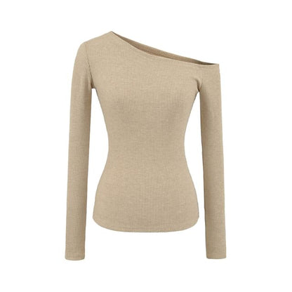 Ribbed Knit Cropped Tee with Off-Shoulder Neckline & Long Sleeves