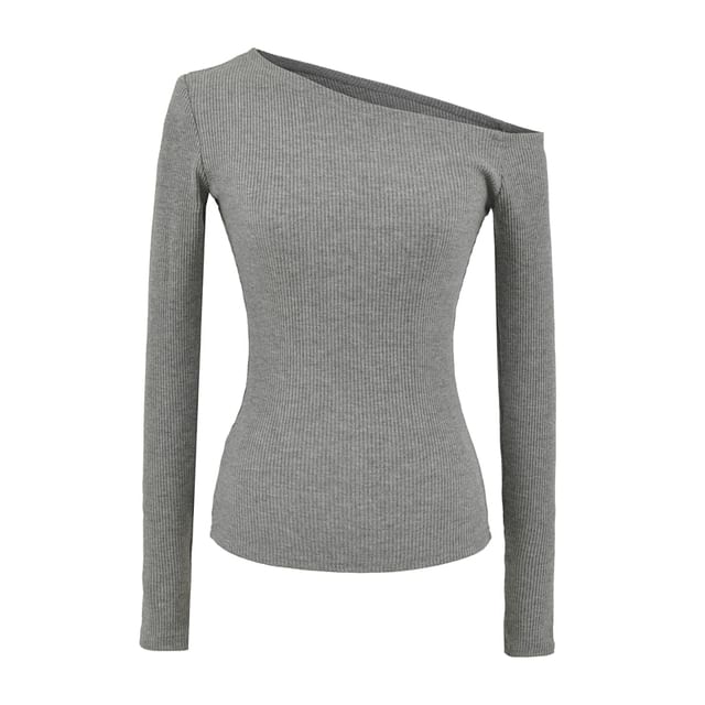 Ribbed Knit Cropped Tee with Off-Shoulder Neckline & Long Sleeves