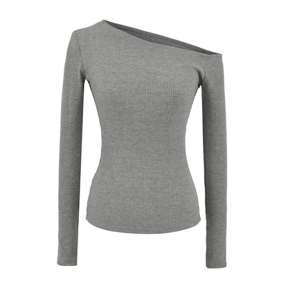 Ribbed Knit Cropped Tee with Off-Shoulder Neckline & Long Sleeves