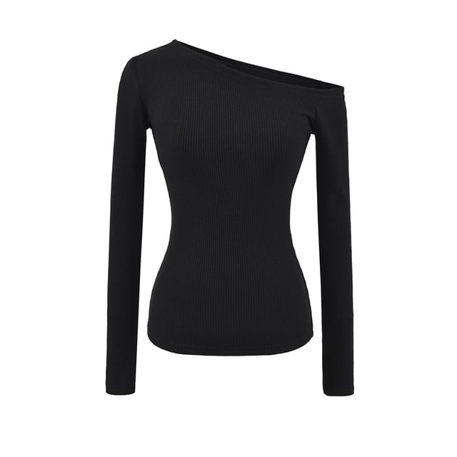 Ribbed Knit Cropped Tee with Off-Shoulder Neckline & Long Sleeves