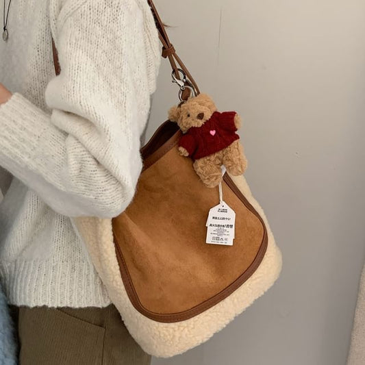 Panel Faux Shearling Crossbody Shoulder Bag