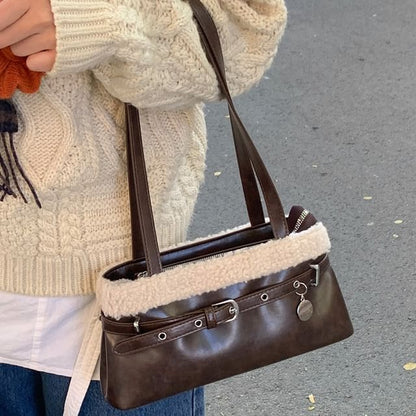 Belted Fleece Panel Faux Leather Shoulder Bag