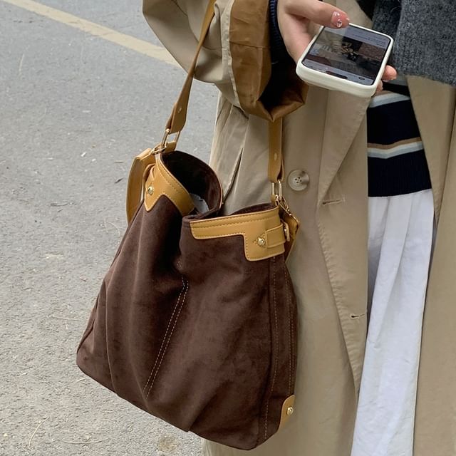 Panel Faux Suede Shoulder Bag