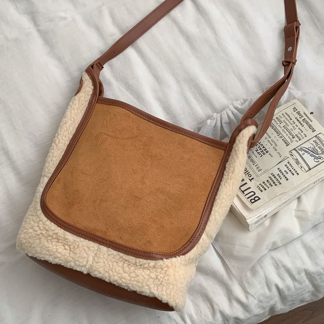 Panel Faux Shearling Crossbody Shoulder Bag
