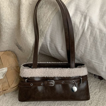 Belted Fleece Panel Faux Leather Shoulder Bag