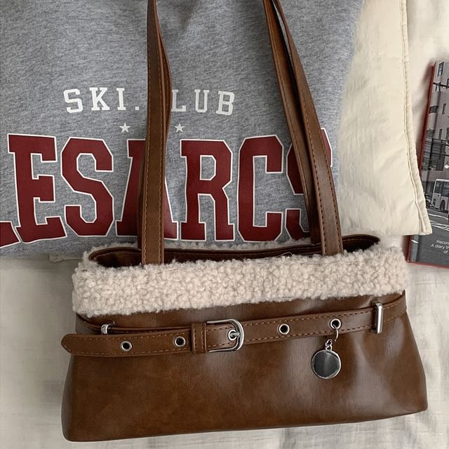Belted Fleece Panel Faux Leather Shoulder Bag