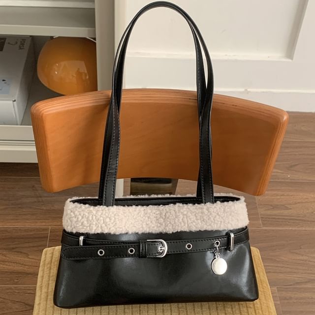 Belted Fleece Panel Faux Leather Shoulder Bag