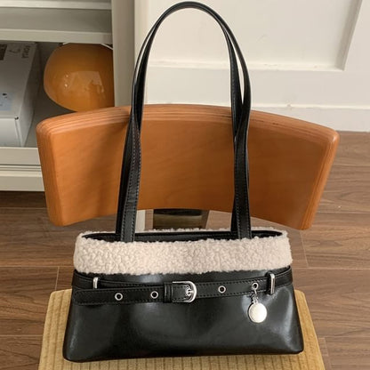 Belted Fleece Panel Faux Leather Shoulder Bag