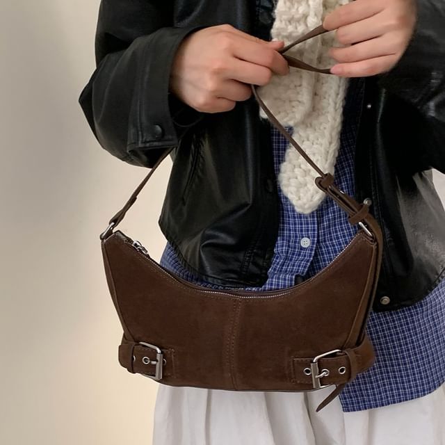 Buckled Faux Suede Shoulder Bag