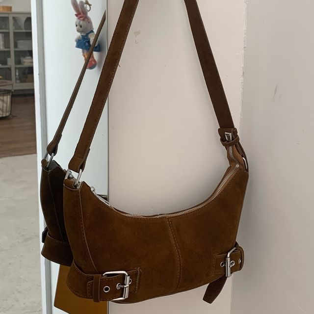 Buckled Faux Suede Shoulder Bag