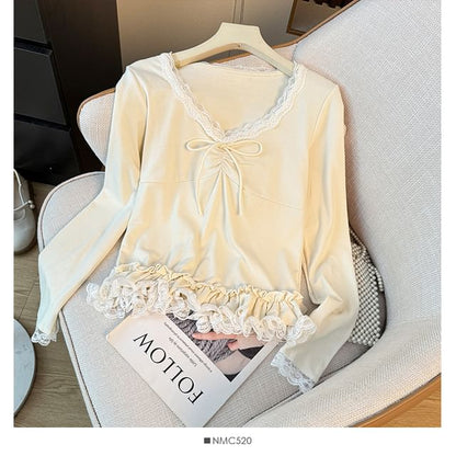 V-Neck Lace Trim Ruffled Hem Slim-Fit Top