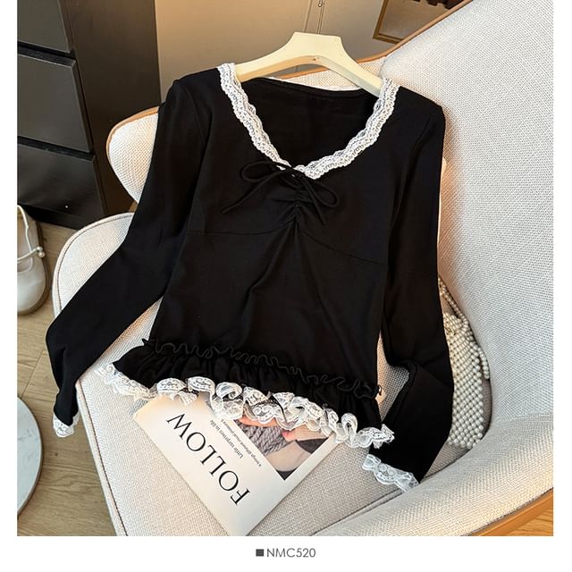 V-Neck Lace Trim Ruffled Hem Slim-Fit Top
