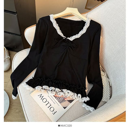 V-Neck Lace Trim Ruffled Hem Slim-Fit Top