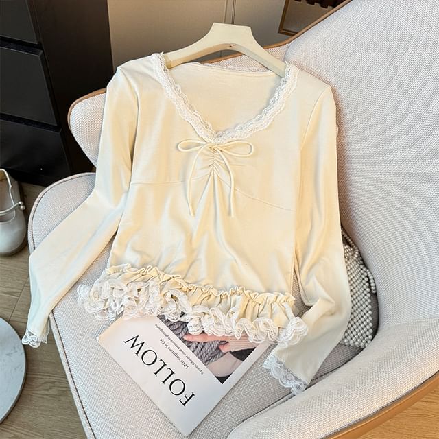 V-Neck Lace Trim Ruffled Hem Slim-Fit Top