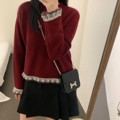 Crewneck Sweater with Lace Trim Detail