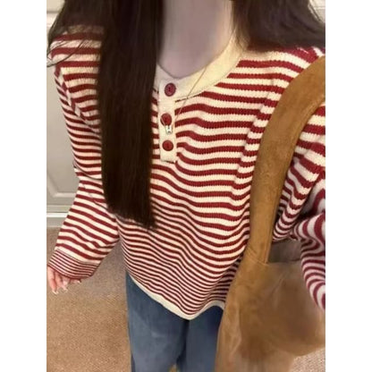Striped Henley Crewneck Long-Sleeve Knit Pullover Top