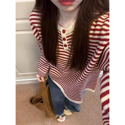 Striped Henley Crewneck Long-Sleeve Knit Pullover Top