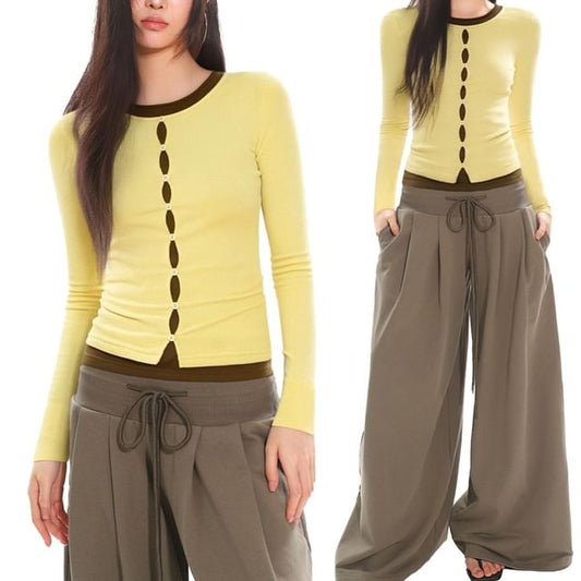 Slim-Fit Two-Tone T-Shirt with Mock Two-Piece Look, Crew Neck & Button Detail