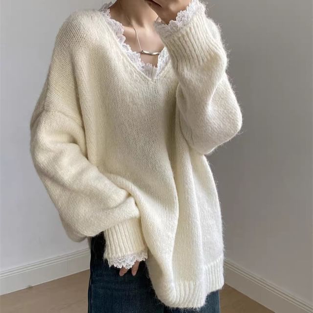 Plain Lace Trim V-Neck Sweater