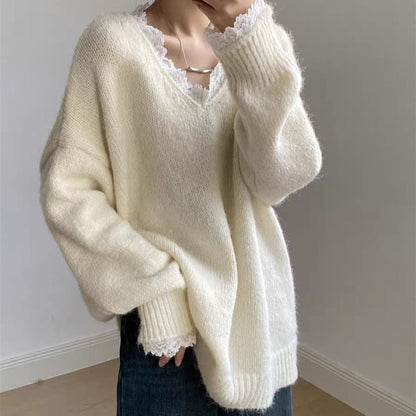 Plain Lace Trim V-Neck Sweater