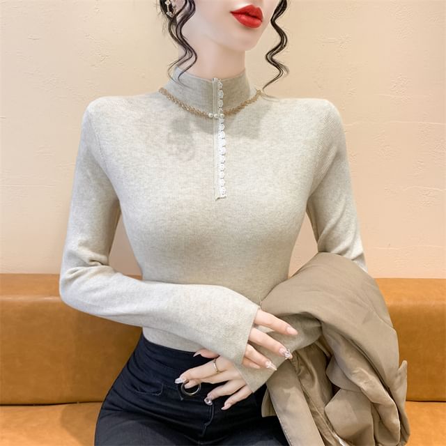 Knit Top with Mock Neck, Half-Zip Front & Long Sleeves