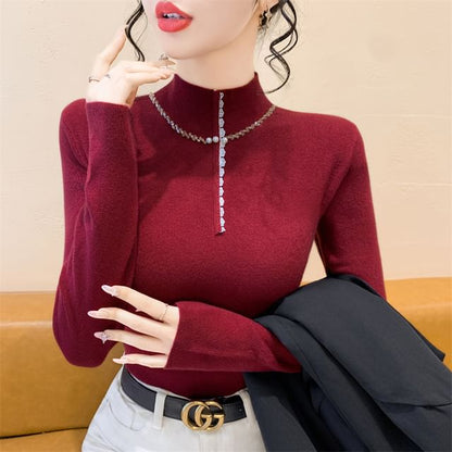 Knit Top with Mock Neck, Half-Zip Front & Long Sleeves