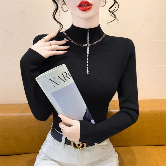 Knit Top with Mock Neck, Half-Zip Front & Long Sleeves