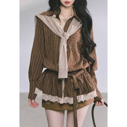 Striped Lace Panel Sashed Long Sleeve Shirt
