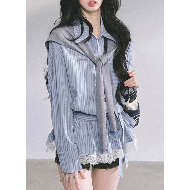 Striped Lace Panel Sashed Long Sleeve Shirt