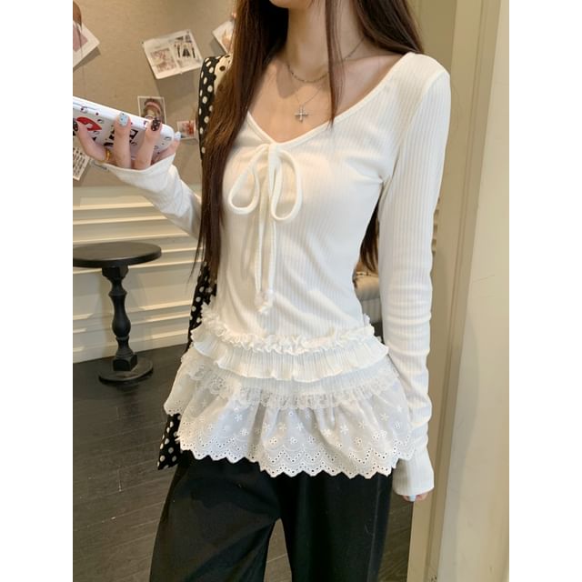 Lace Flowy Plain V-Neck Top with Long Sleeves