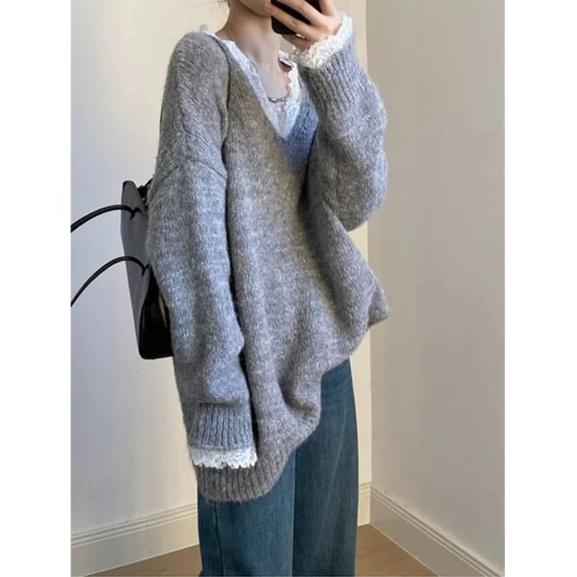 Plain Lace Trim V-Neck Sweater