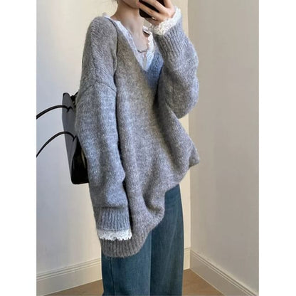Plain Lace Trim V-Neck Sweater