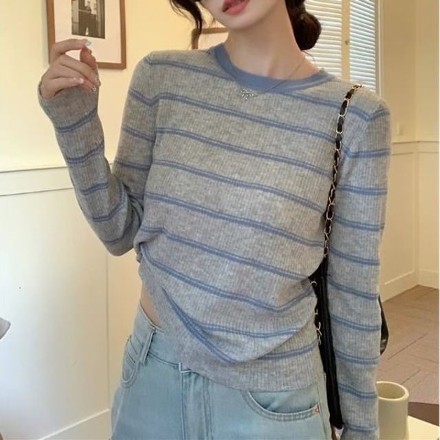 Striped Ribbed Knit Round Neck Top with Long Sleeves
