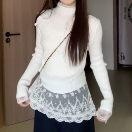 Mock Two-Piece Mock Neck Lace Bow Accent Knit Top