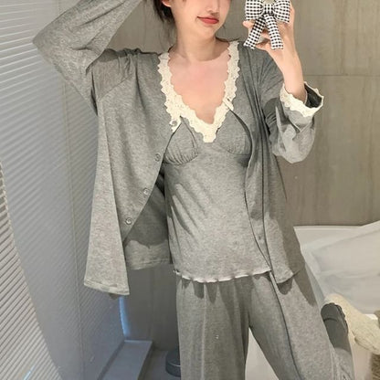 V-Neck Lace Camisole, Jacket & High Waist Straight Leg Pants Pajama Set