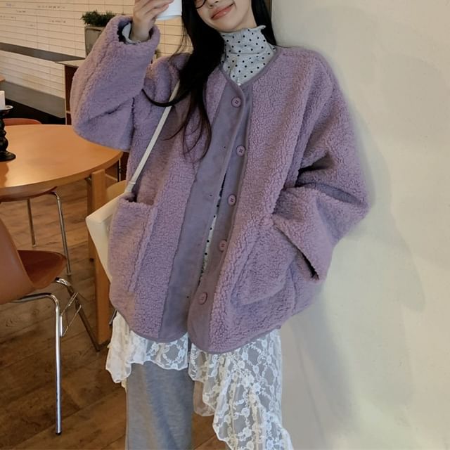 Fleece Jacket, Mock Neck Dotted Top, Ruffle Skirt & Lace Flared Pants Set