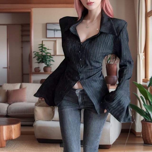Collared Lace Up Ribbed Button Top