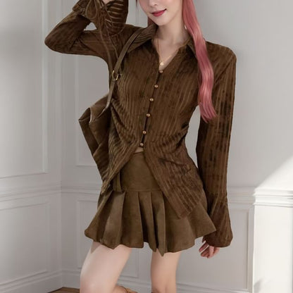 Collared Lace Up Ribbed Button Top
