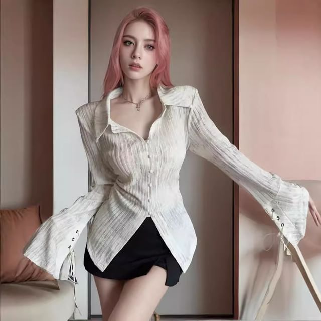 Collared Lace Up Ribbed Button Top