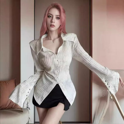 Collared Lace Up Ribbed Button Top